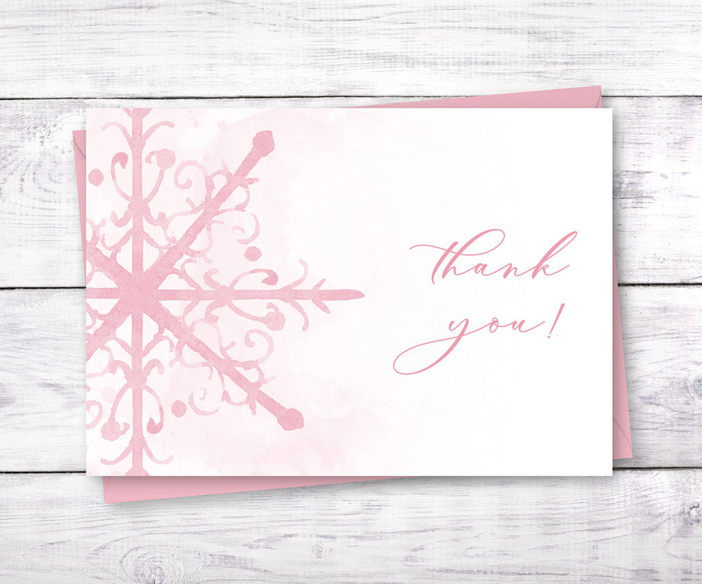 Pink snowflake winter baby shower thank you card.