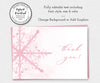 Pink snowflake winter baby shower thank you card template.
