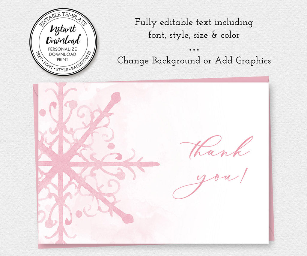 Pink snowflake winter baby shower thank you card template.