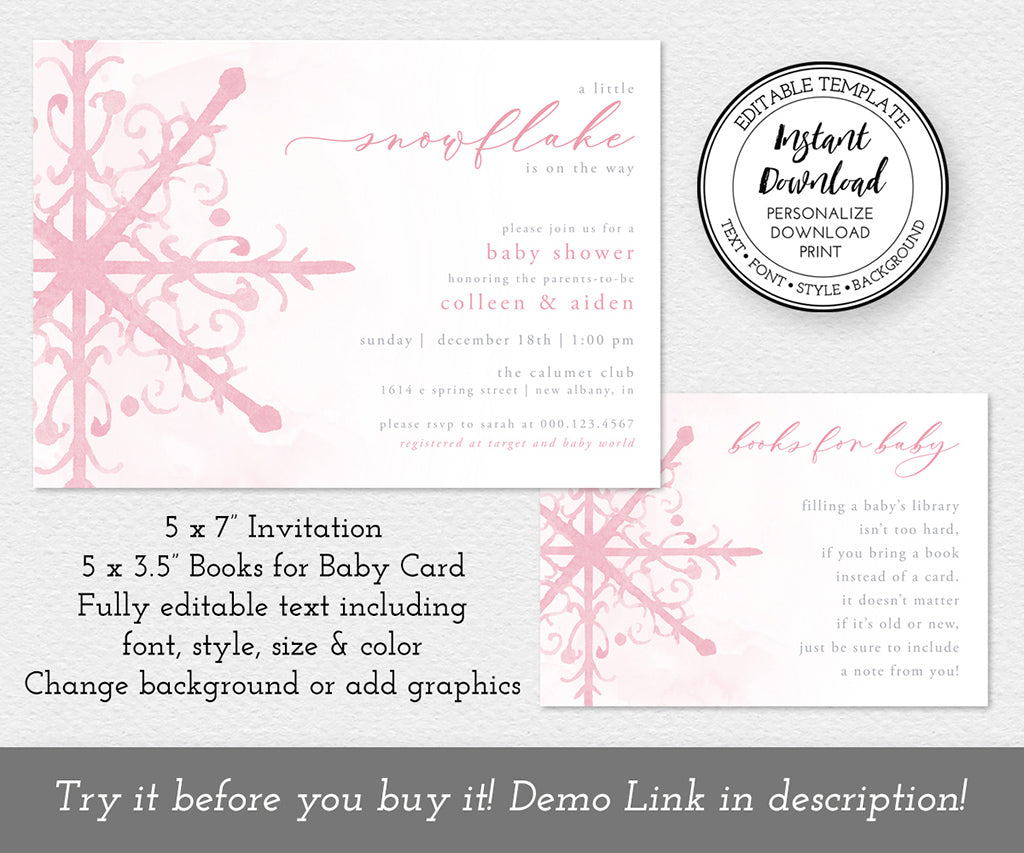 Pink snowflake winter baby shower invitation and books for baby card templates.