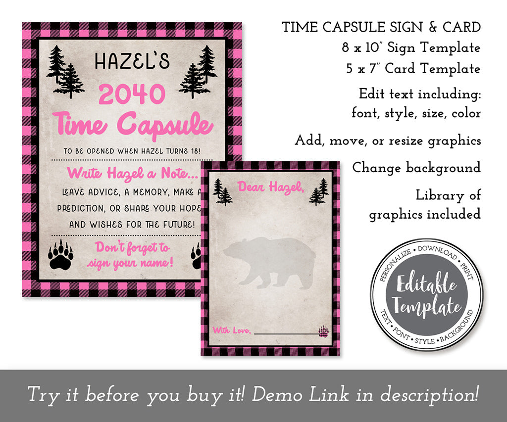 Pink buffalo plaid 1st birthday time capsule sign and message card editable templates.