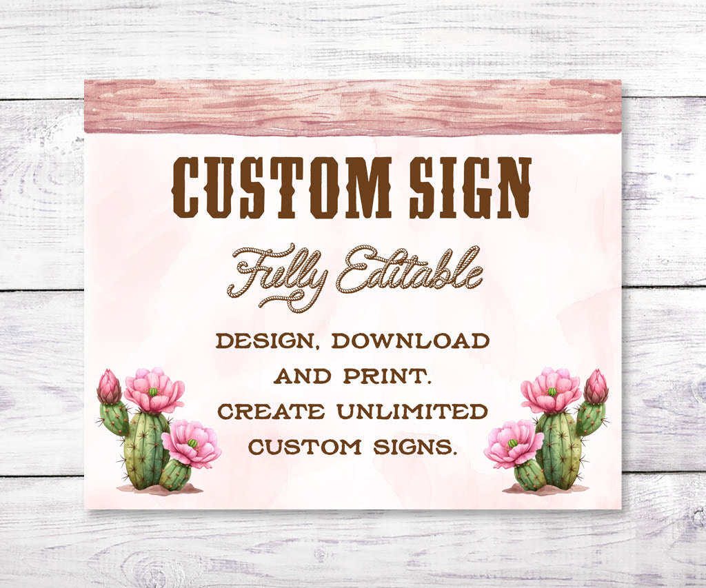 Pink western birthday custom sign landscape with western fonts, flowering cacti.
