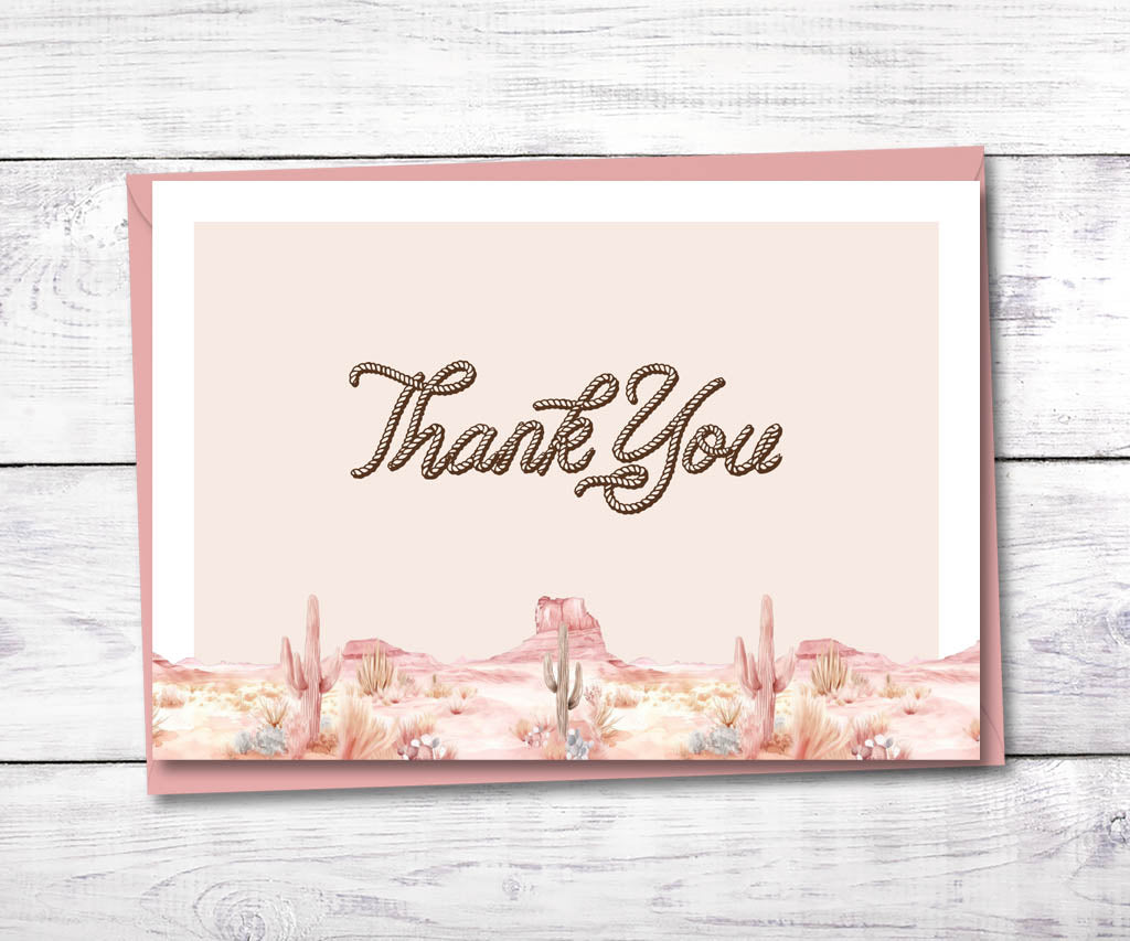 Pink western birthday folded thank you card.
