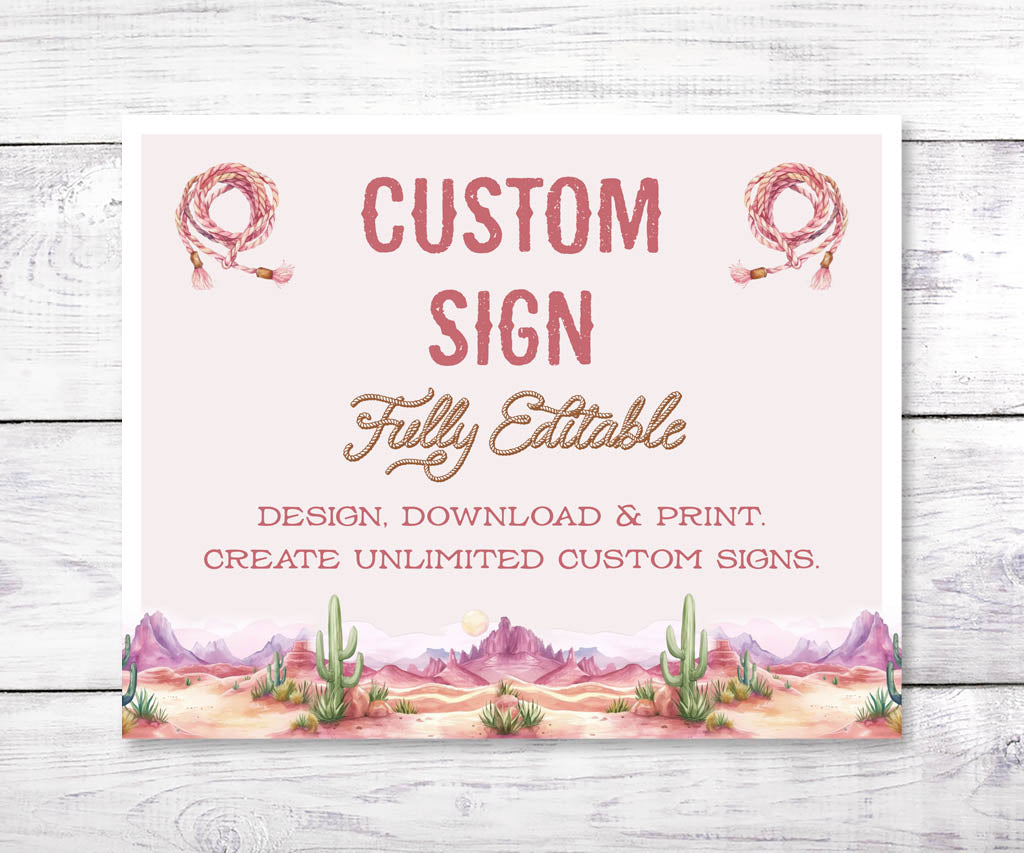 Pink western cowgirl birthday custom sign with desert landscape and lassos.