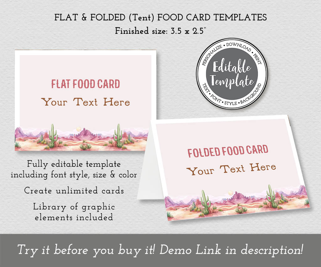 Pink western cowgirl food labels, flat and folded tent card editable templates.