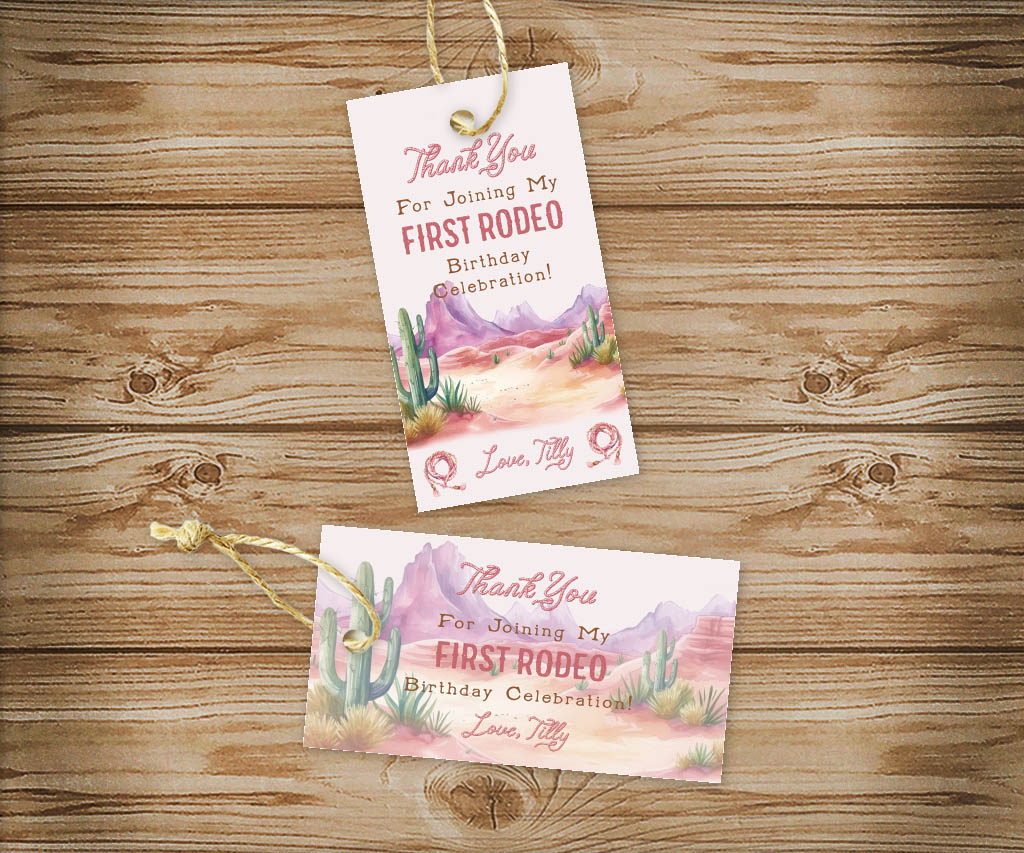 Pink western first rodeo thank you favor tags with desert landscape.