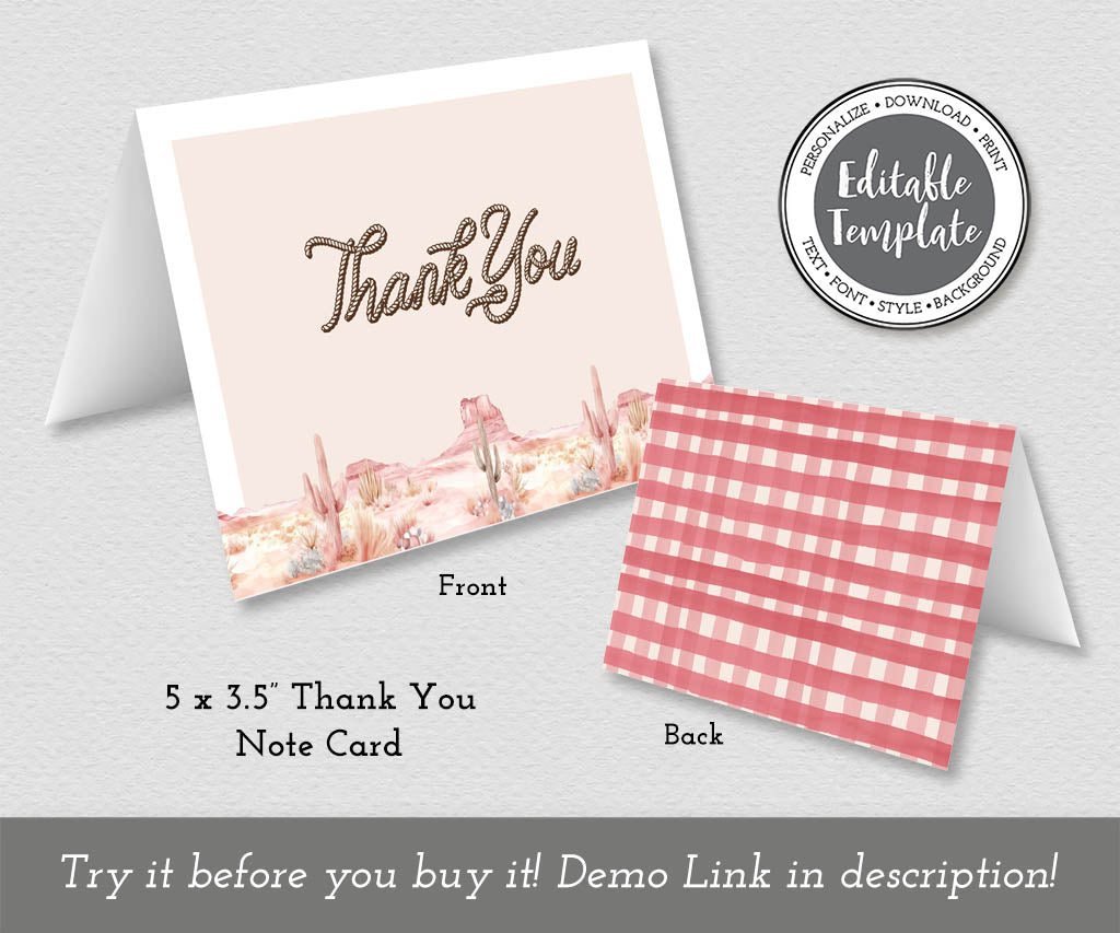Pink western birthday folded thank you card front and back editable template.