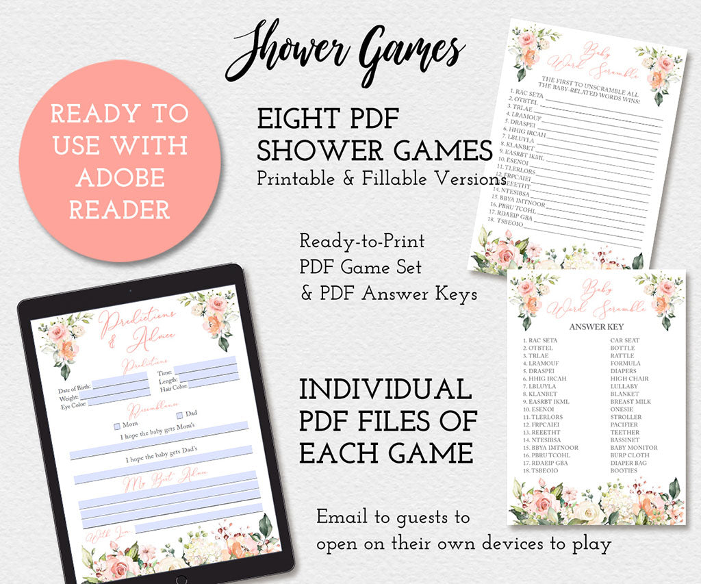 Printable and fillable PDF baby shower game set compatible with Adobe Reader, showing digital and printed examples with floral designs.