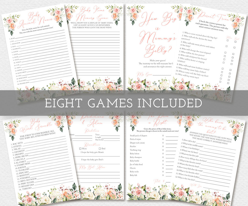 Eight printable baby shower games with soft pink and white floral designs, including activities like Baby Animal Names, Baby Item Memory Game, and Predictions & Advice.