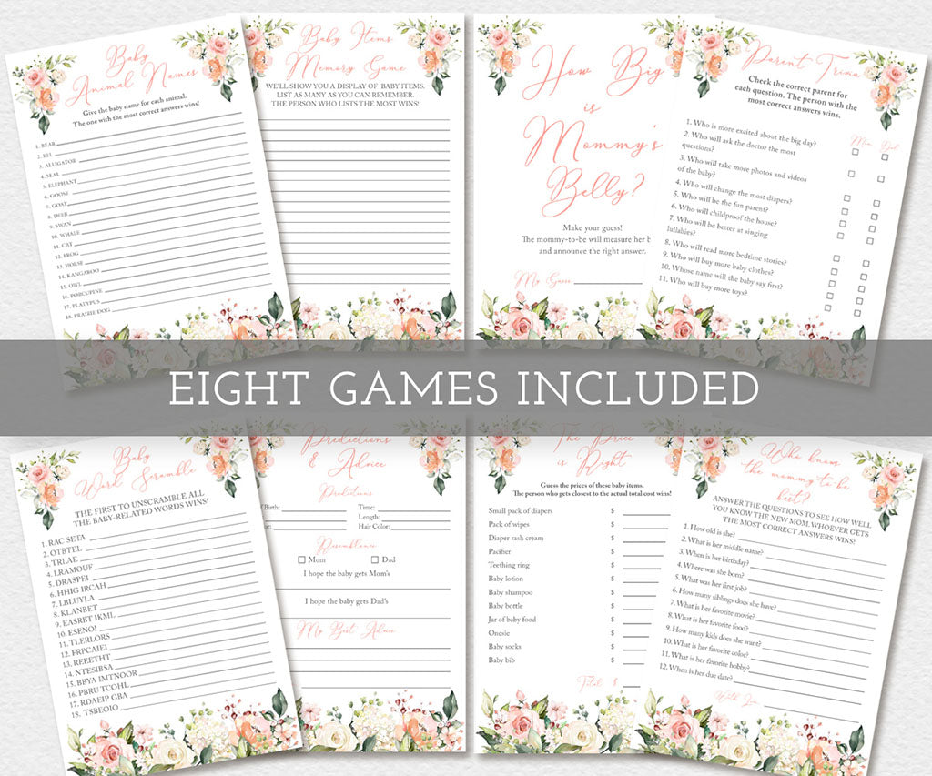 Pink and white floral baby shower game set of eight.