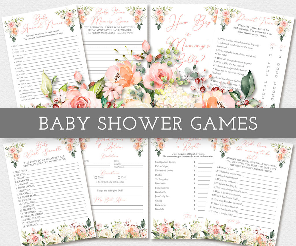 Pink and white floral baby shower games bundle.