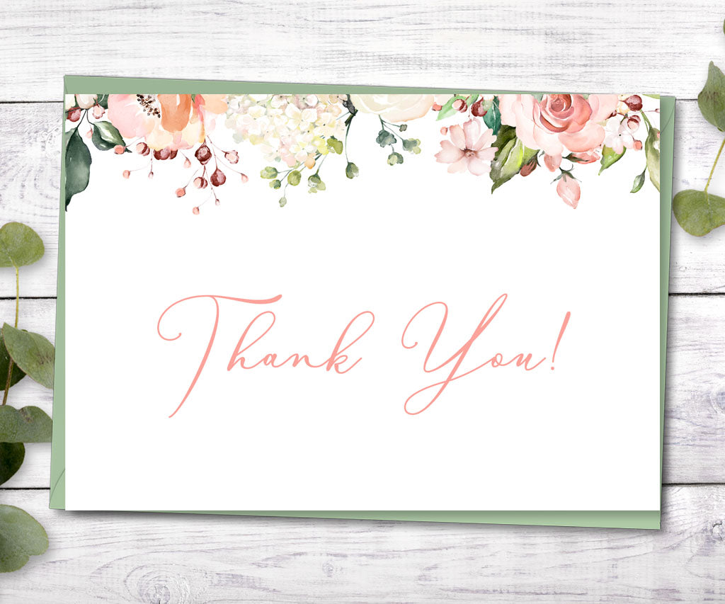 Pink and white floral baby shower folded thank you card.