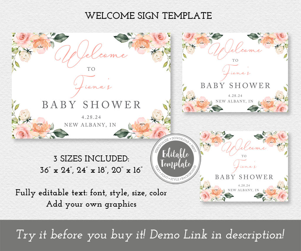 Pink and white floral baby shower welcome sign templates in three sizes: 20 x 16", 24 x 18" and 24 x 36".