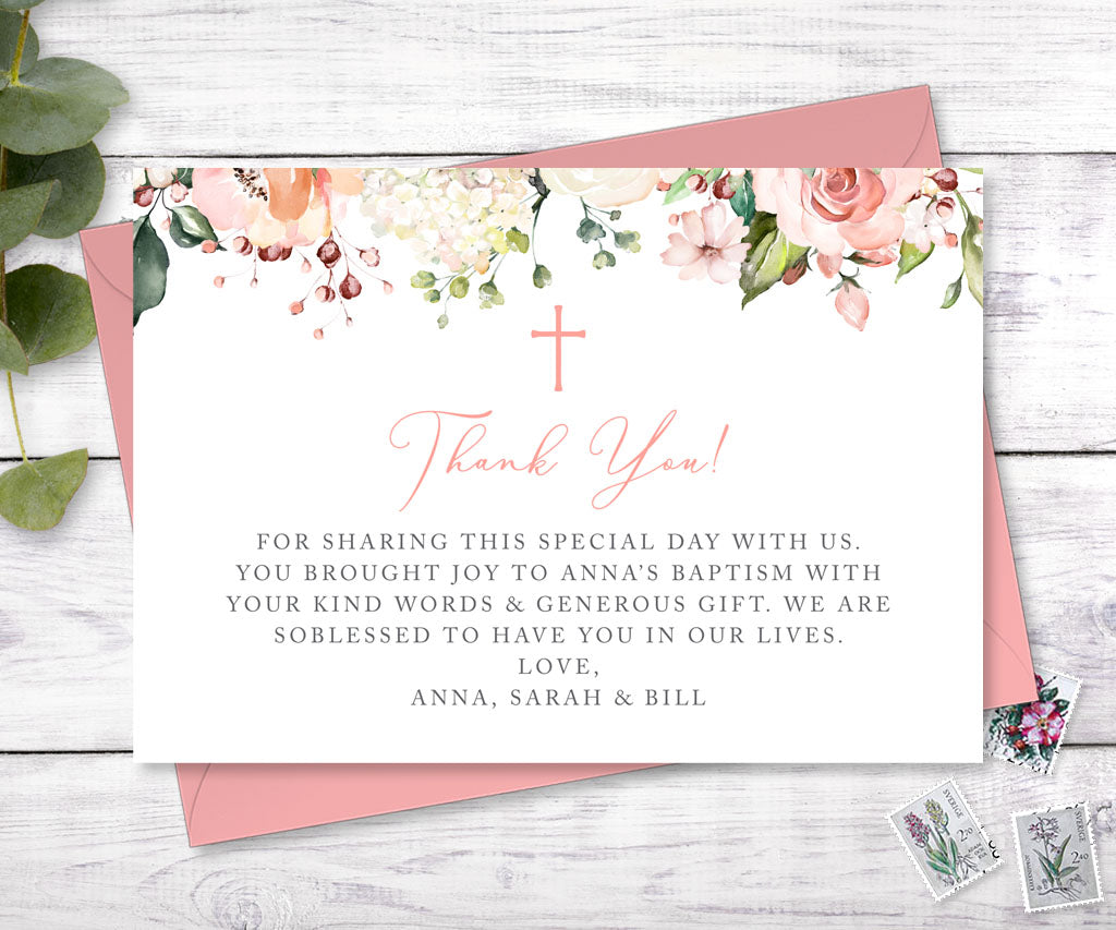 Pink and white floral flat baptism thank you card.