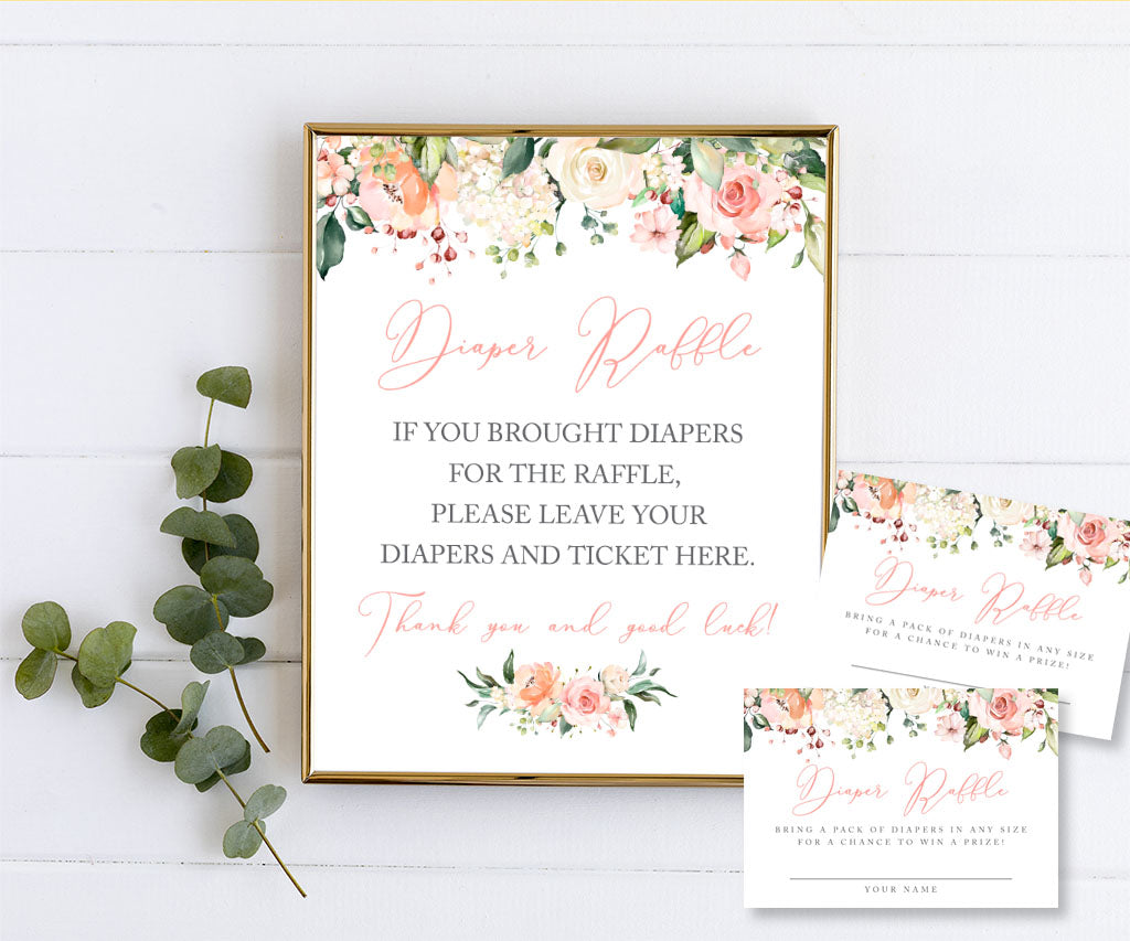 Pink and white floral diaper raffle game sign and entry cards for a Baby in Bloom baby shower.