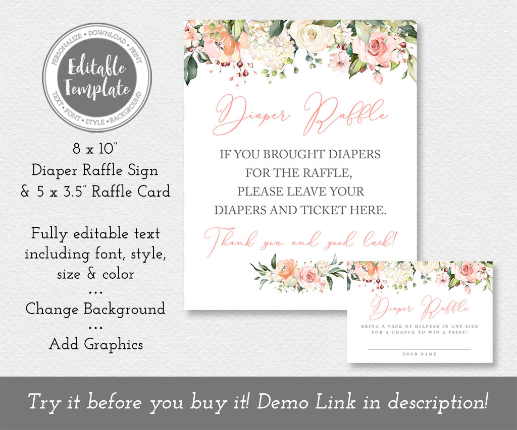 Pink and white floral diaper raffle game sign and card templates.