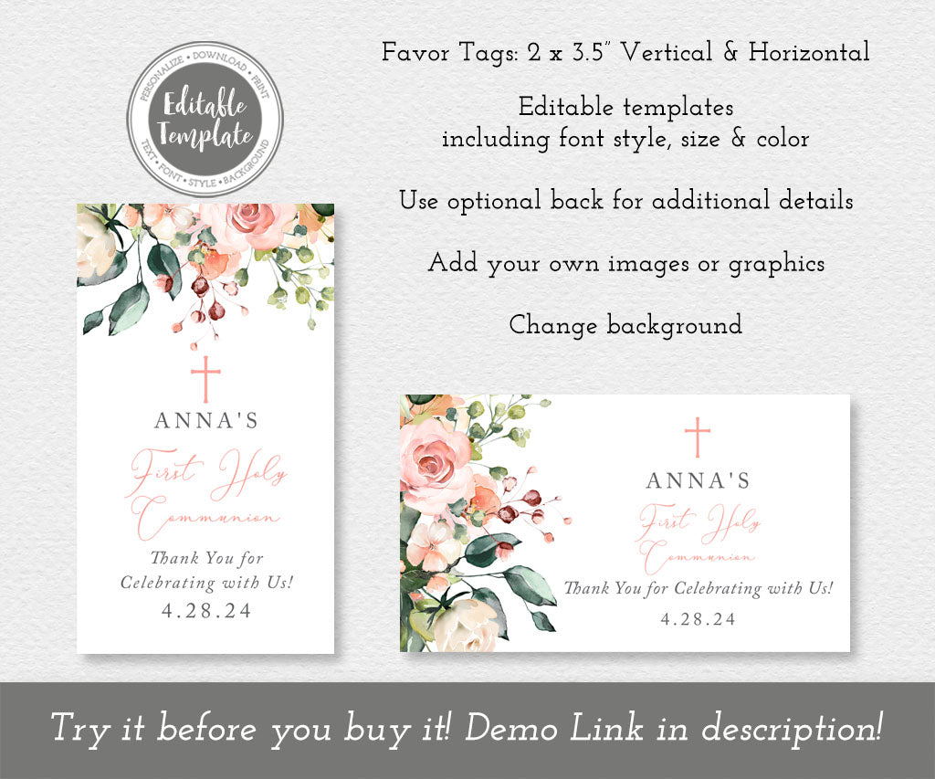 Pink and white floral first holy communion favor tag templates.