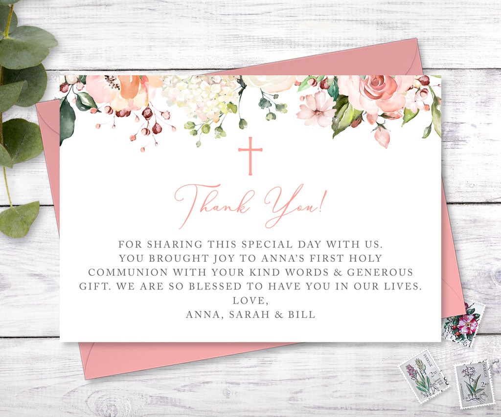 Pink and white floral first holy communion flat thank you card.
