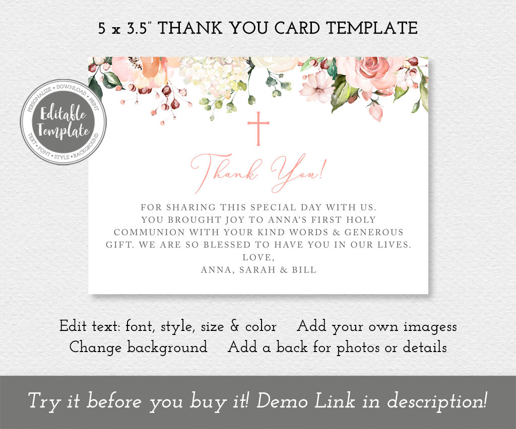 Pink and white floral first holy communion flat thank you card editable template.