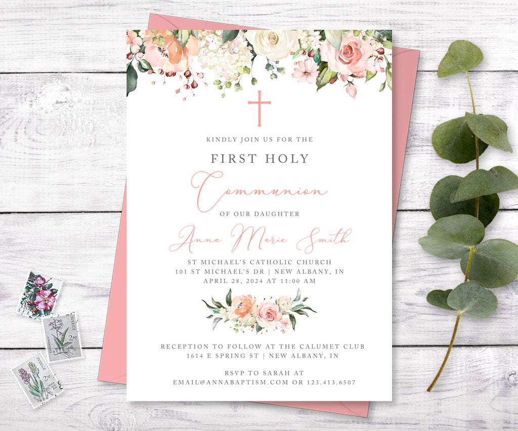 Pink and white floral first holy communion invitation.