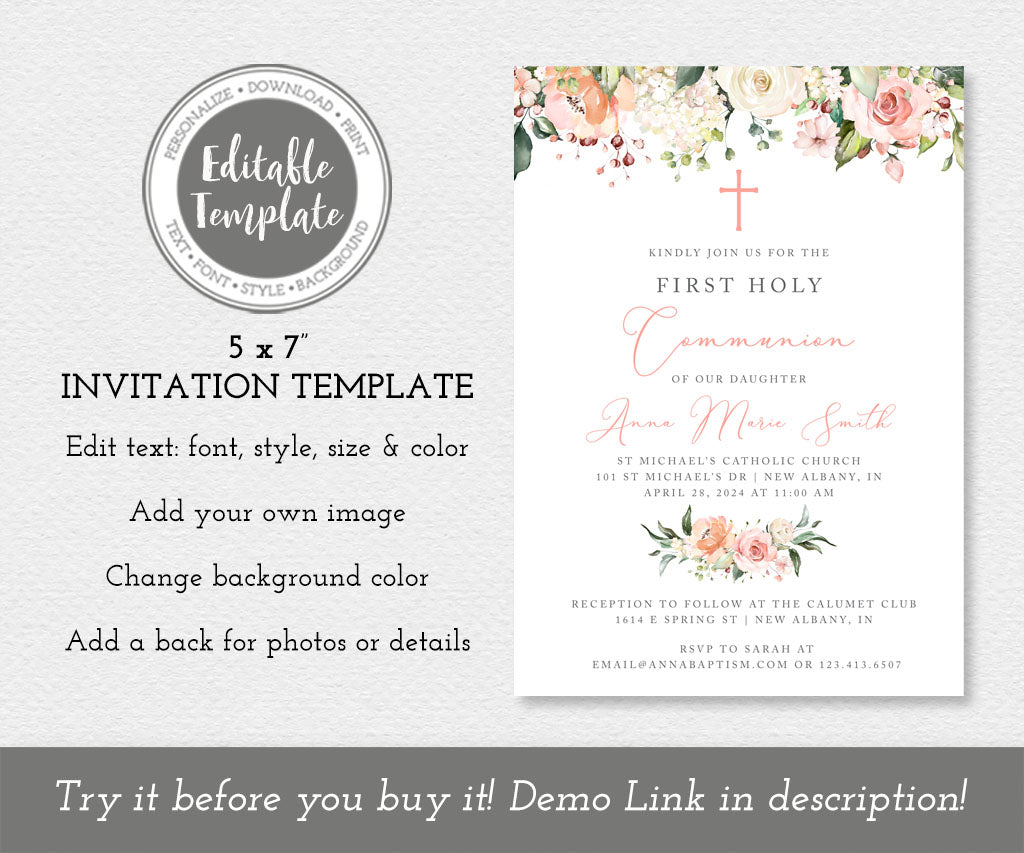 Pink and white floral first holy communion invitation template.