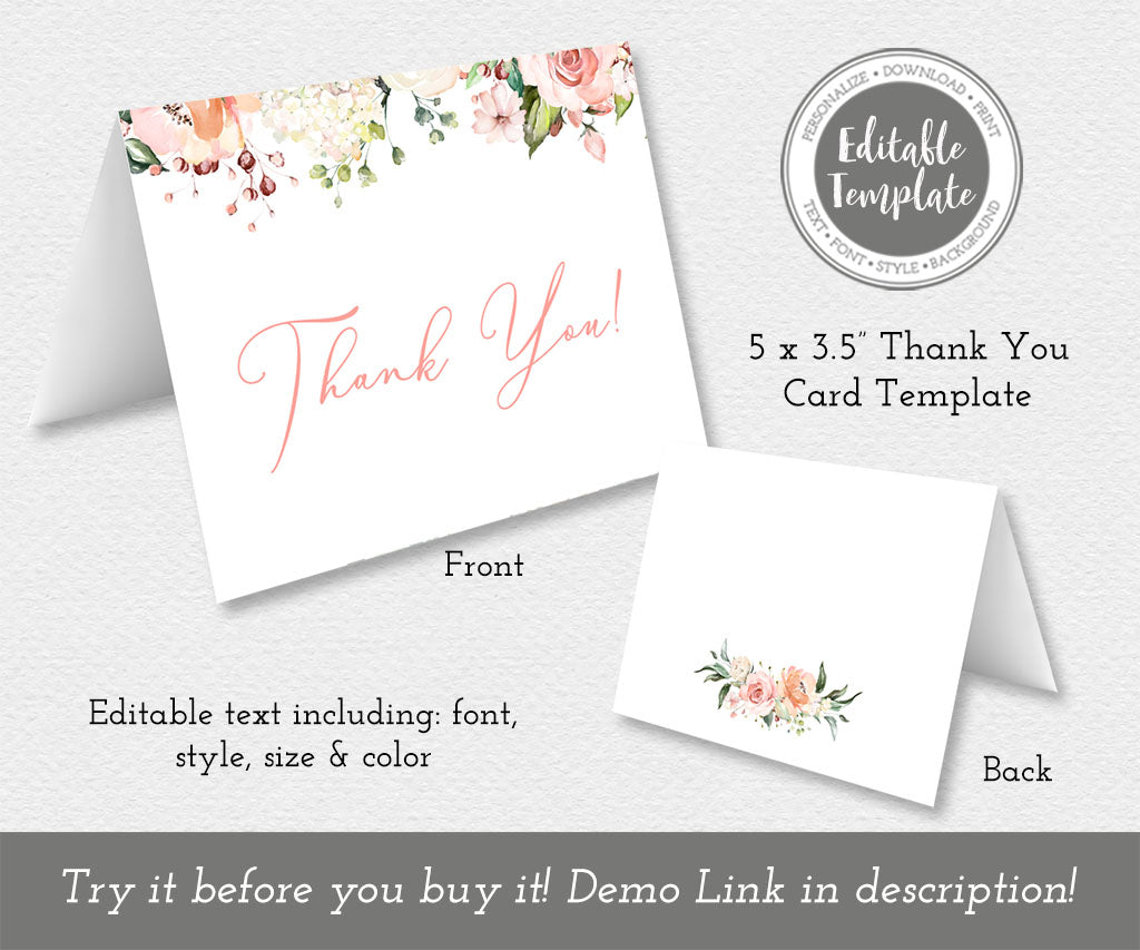 Pink and white floral baby shower folded thank you card editable template.
