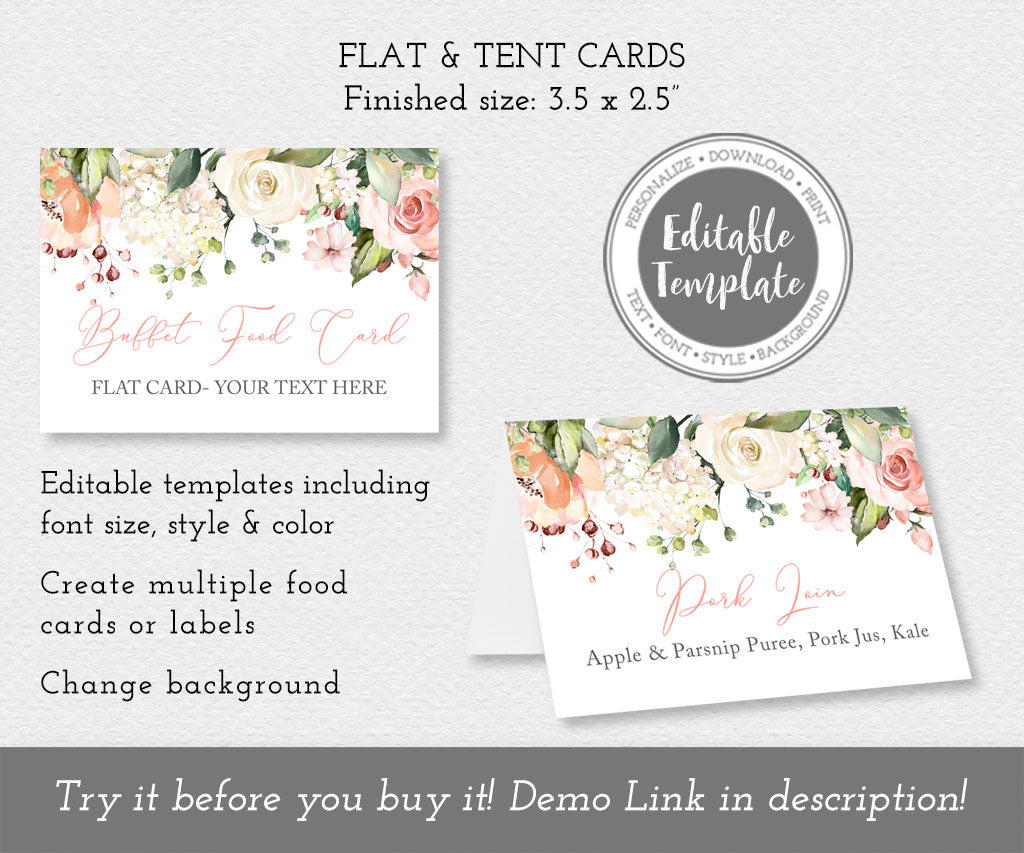 Pink and white floral food card templates, flat and folded.
