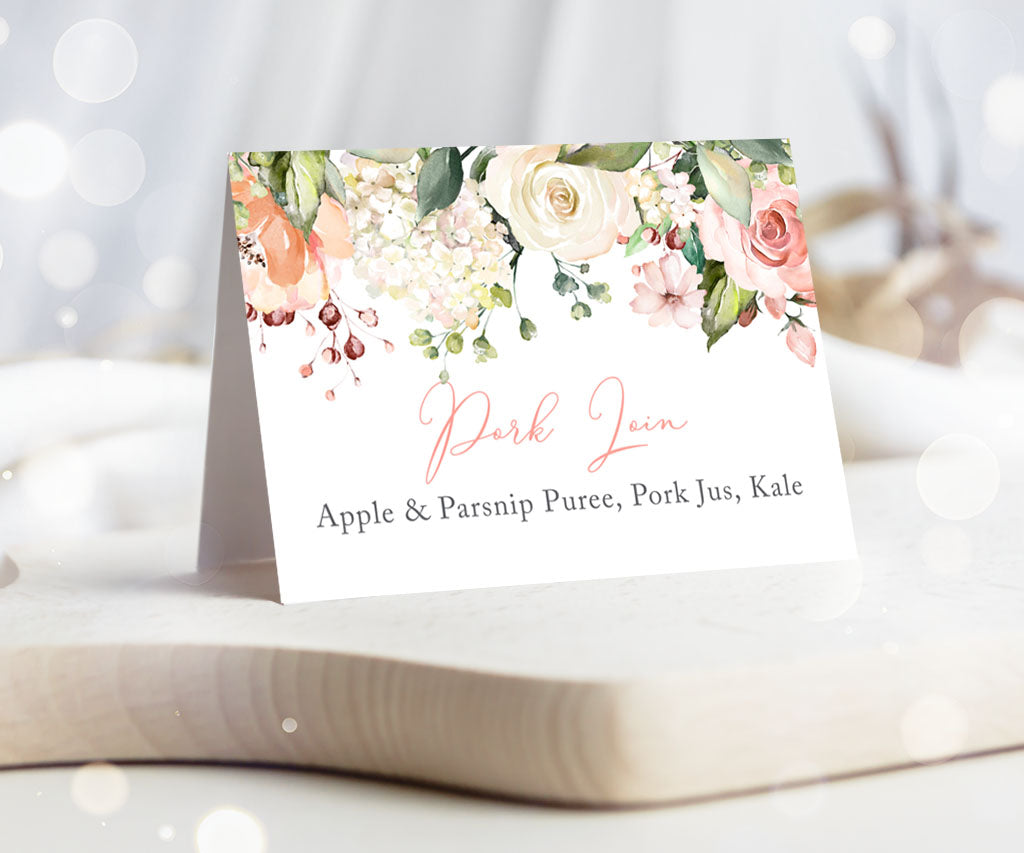 Pink and white floral food tent card.