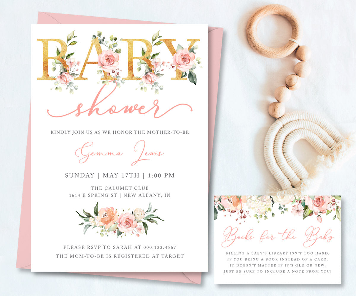 Pink and white floral with gold accents baby shower invitation and books for baby card.