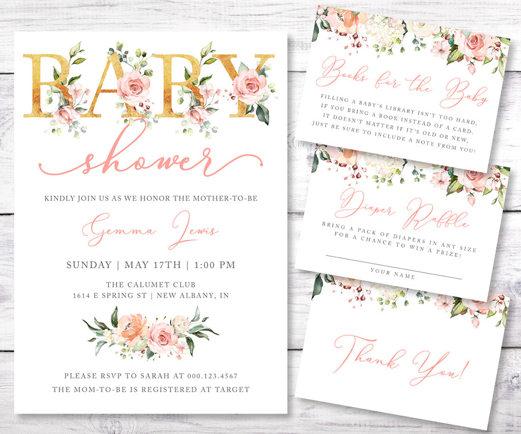 Pink and white floral with gold accents baby shower invitation bundle including invitation, book request, diaper raffle, and thank you cards.