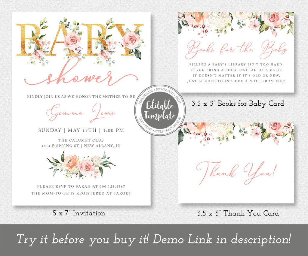 Pink and white floral with gold accents, baby shower invitation, books for baby and thank you card templates.