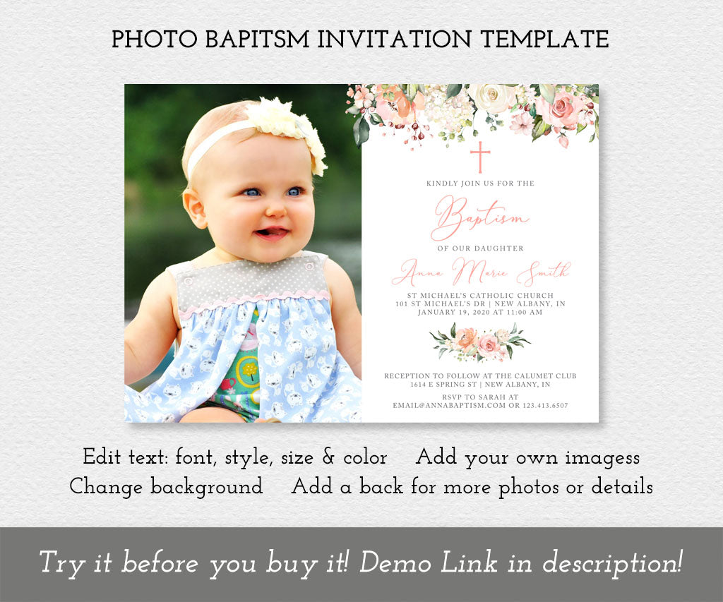 Pink and white floral photo baptism invitation template.