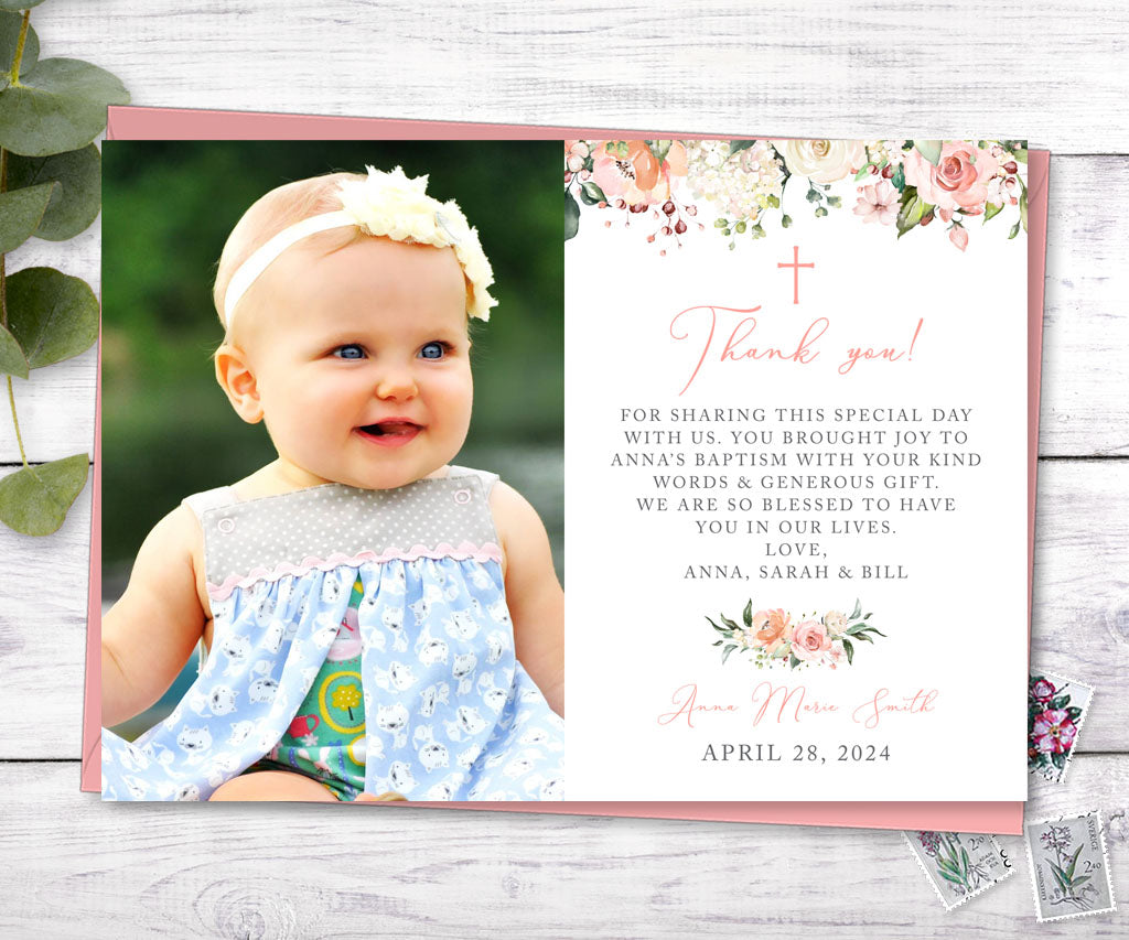 Pink and white floral photo baptism thank you card.