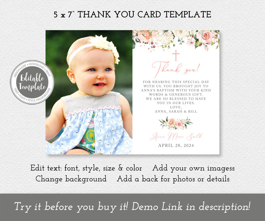Pink and white floral photo baptism thank you card editable template.