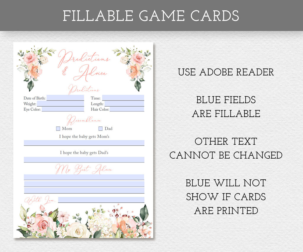 Pink and white floral predictions and advice baby shower game.