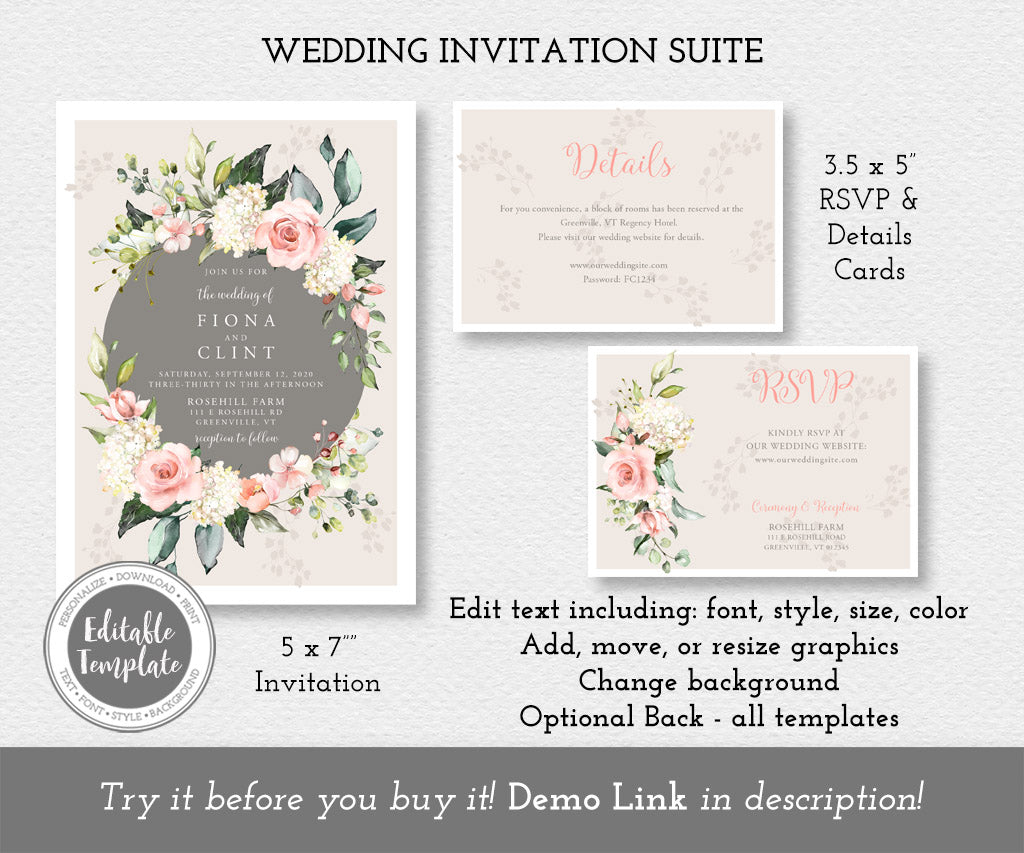 Pink and white floral wedding invitation suite including RSVP and Details Cards, editable templates.