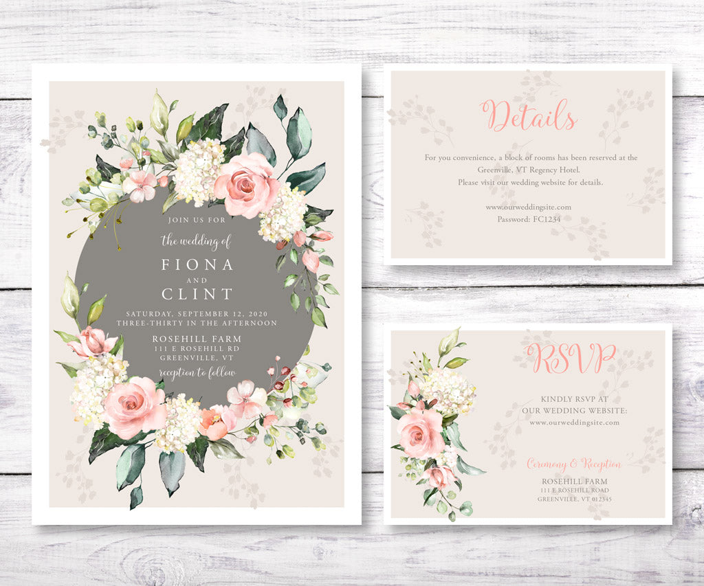 Pink and white floral wedding invitation suite including RSVP and Details Cards.