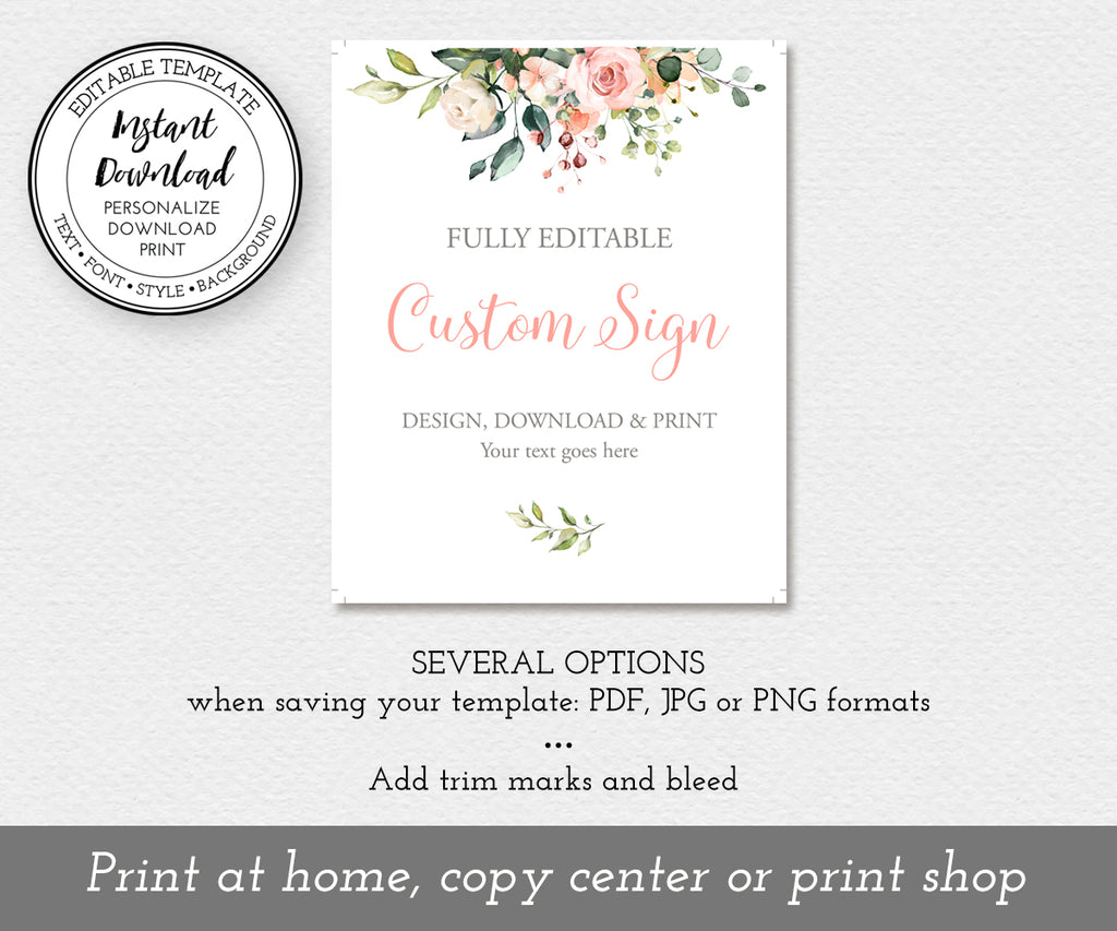 Download options for pink white floral custom wedding sign template