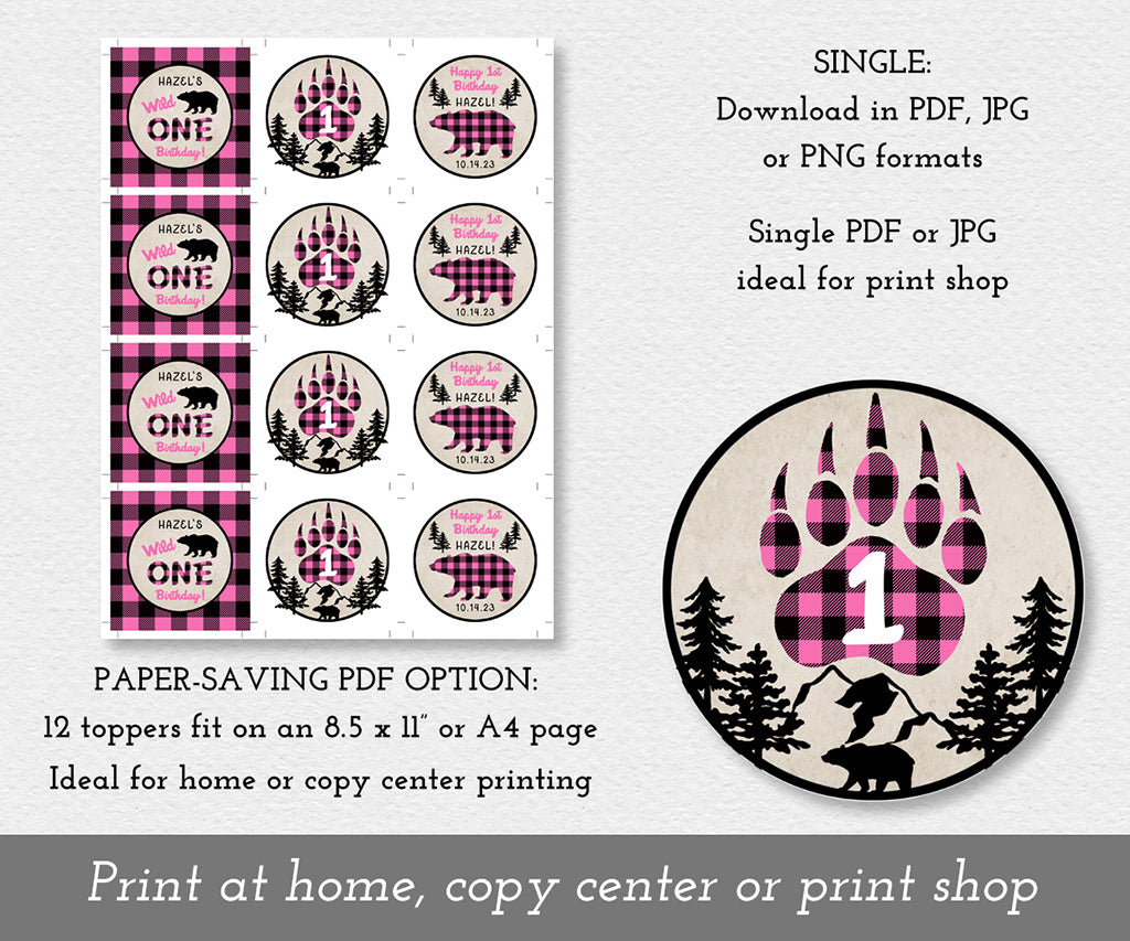 paper saving download option for pink buffalo plaid wild one birthday cupcake toppers