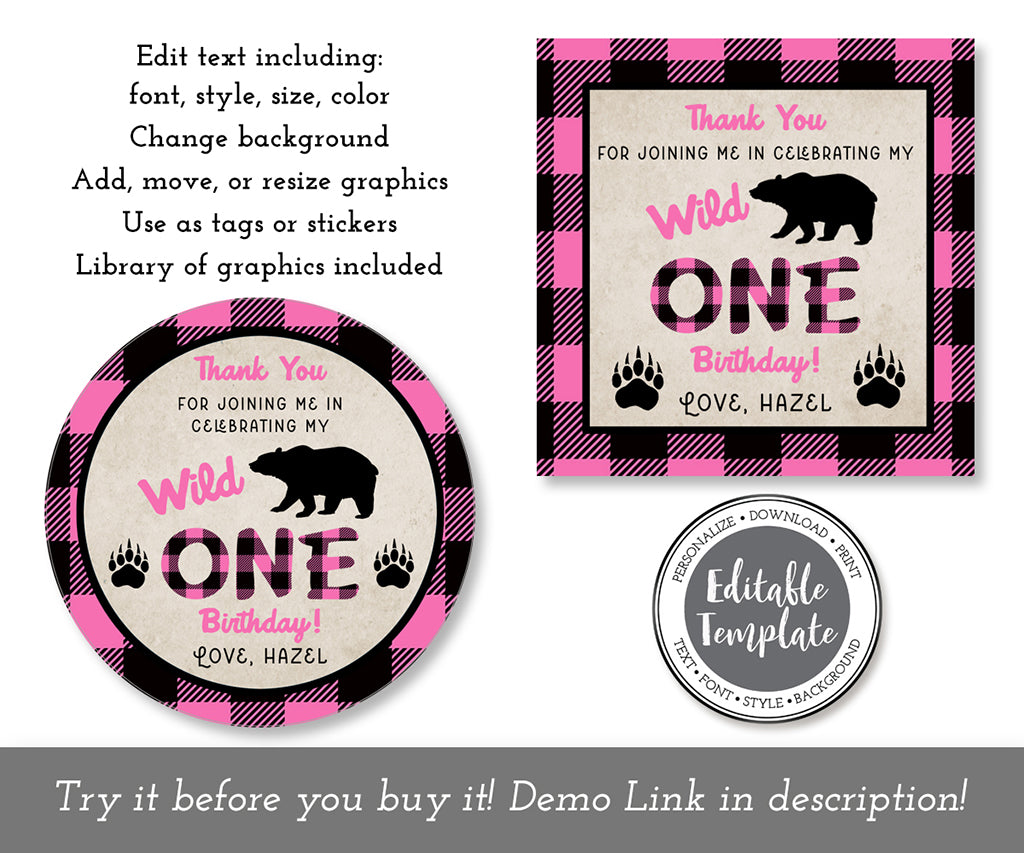 pink plaid round and square wild one 1st birthday favor tags editable templates