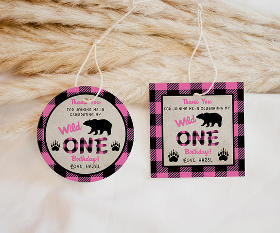 pink plaid round and square wild one 1st birthday favor tags