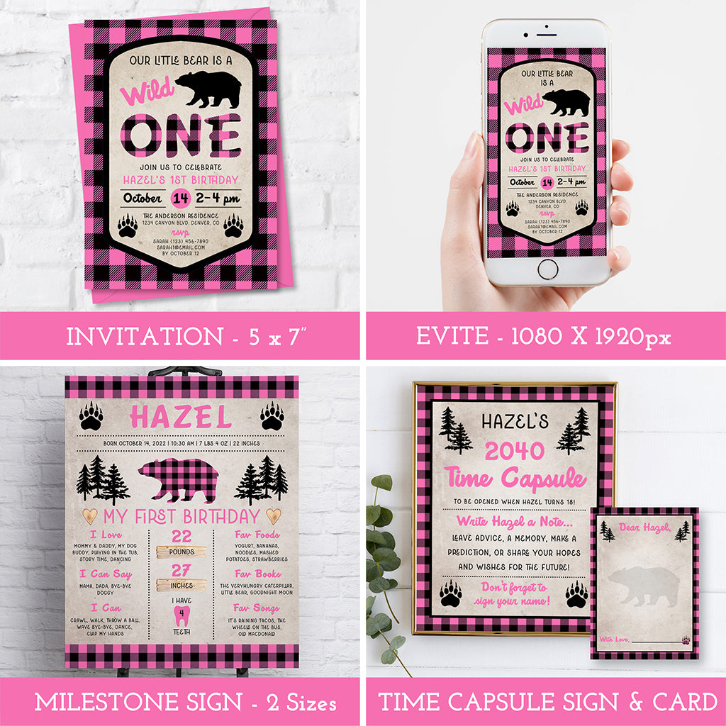 Pink plaid wild one birthday invitation and sign templates.