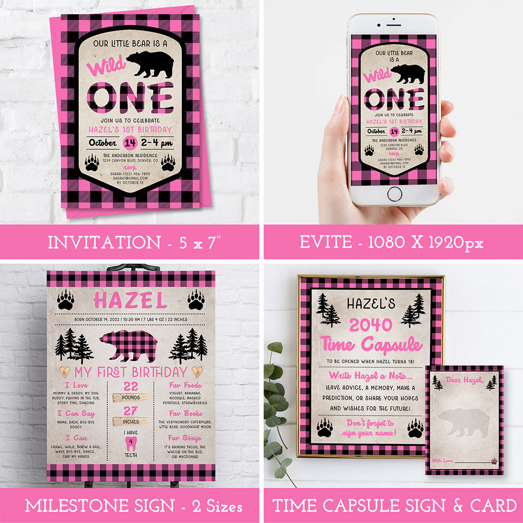 pink plaid wild one birthday invitation and sign templates.