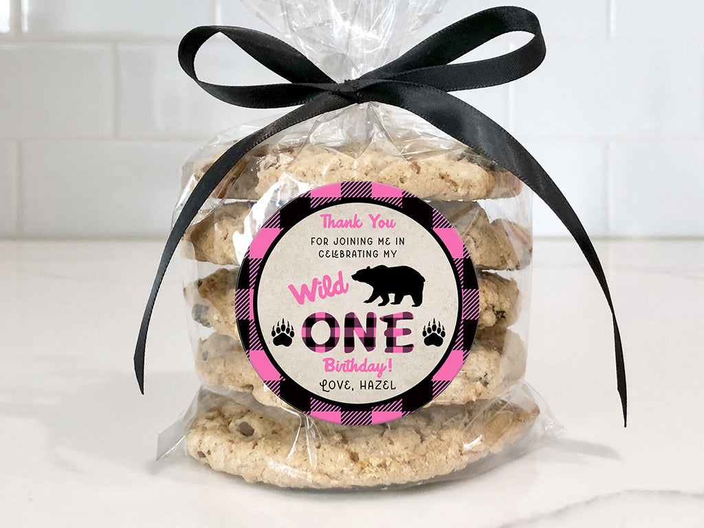 pink plaid wild one 1st birthday round favor label