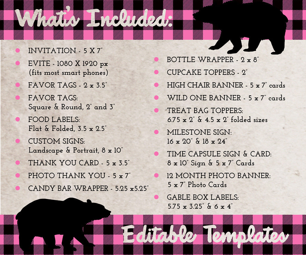 Pink plaid wild one birthday printables templates list of what is included.