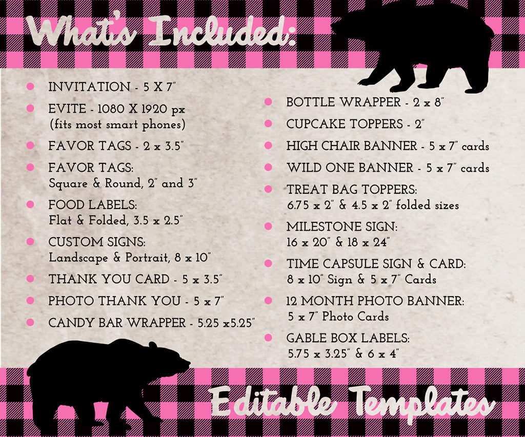pink plaid wild one birthday printables templates what is included.