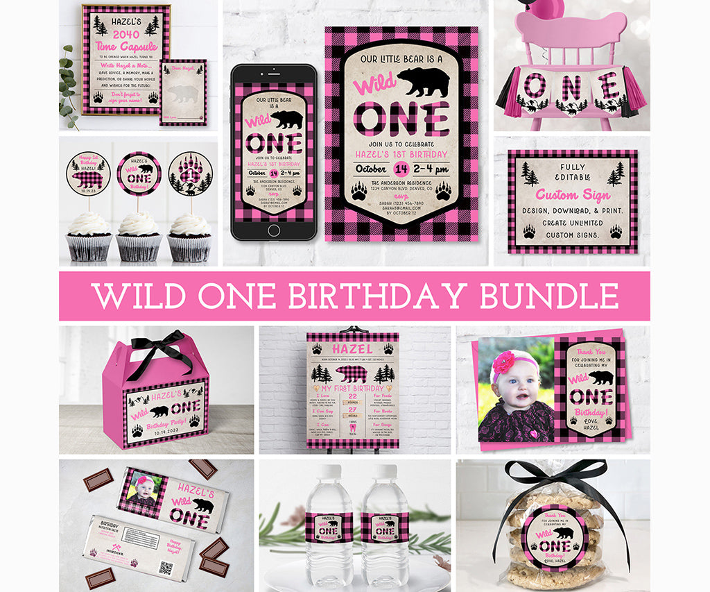 Pink plaid wild one birthday party printables templates.