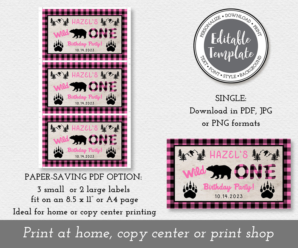 Pink buffalo plaid wild one birthday party gable box label template download options.