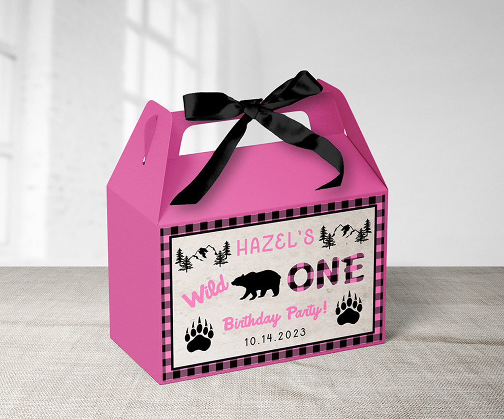 Pink wild one gable box label with rustic elements for birthday treats.