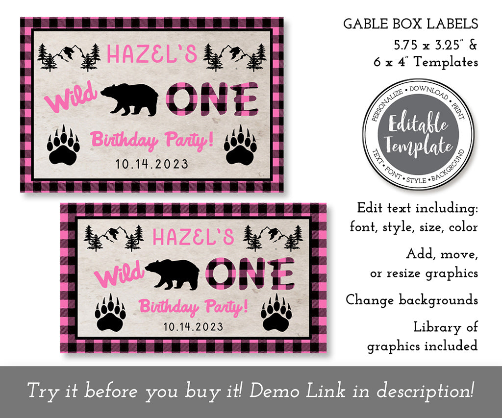 Pink buffalo plaid wild one birthday party gable box label, editable template.